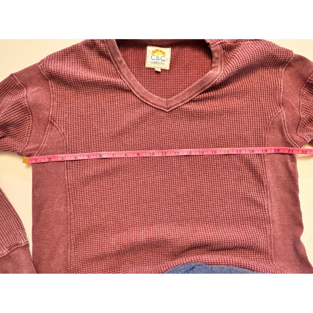 C&C California Womens Waffle Knit V-Neck Thermal Top Burgundy Red Medium - Picture 7 of 8